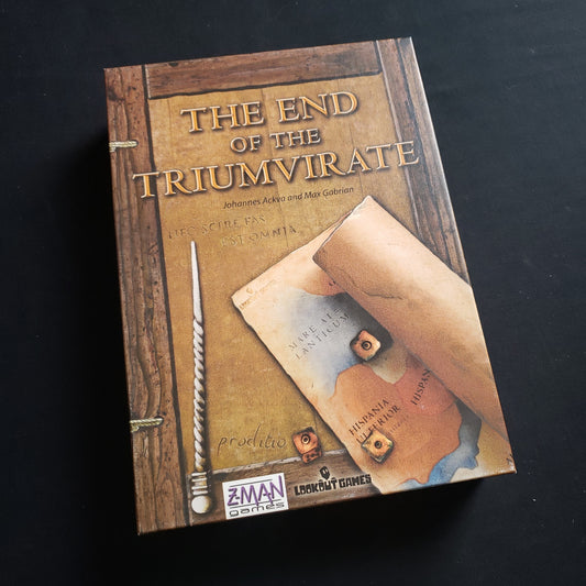 Image shows the front cover of the box of the End of the Triumvirate board game