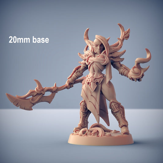 Image shows an 3D render of an elf warrior gaming miniature holding a halberd in one hand and a magic ball in the other