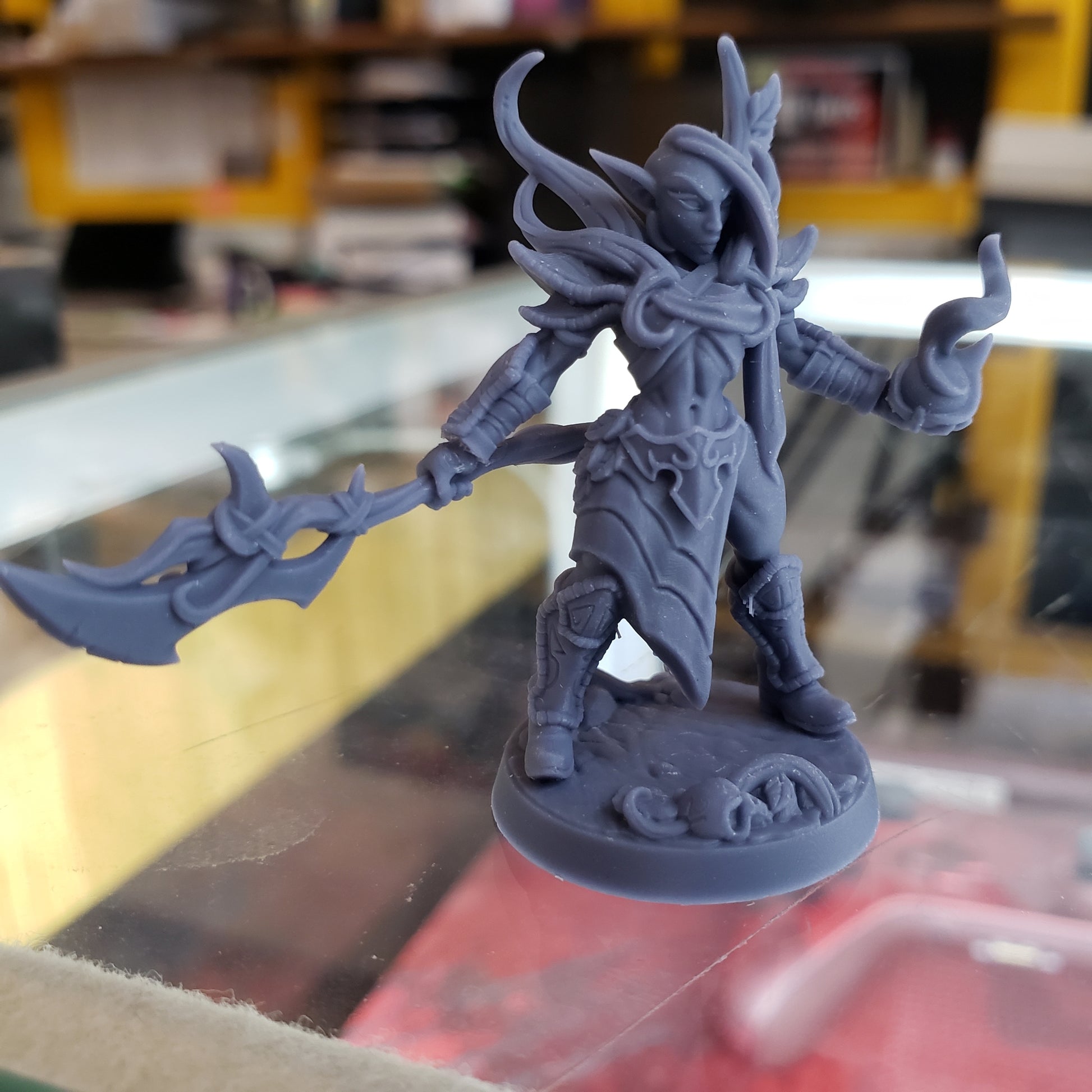 Image shows an example of a 3D printed elf warrior gaming miniature printed in-house at All Systems Go