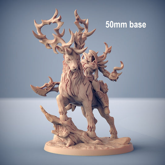 Image shows an 3D render of a gaming miniature depicting a elf warrior riding a large stag. The elf is holding a halberd in one hand and a magic ball in the other