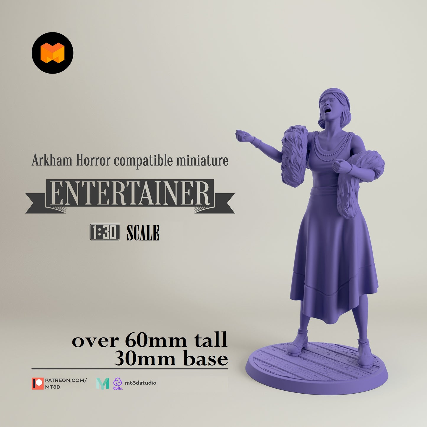 Image shows a 3D render of a 1920s era lounge singer gaming miniature.