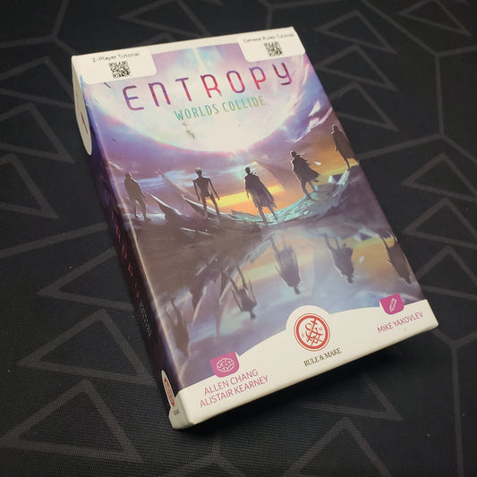 Image shows the front cover of the box for the Entropy: Worlds Collide card game