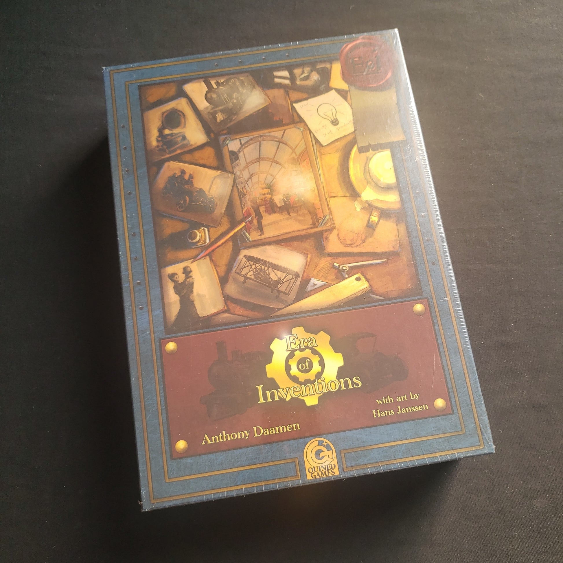 Image shows the front cover of the box of the Era of Inventions board game
