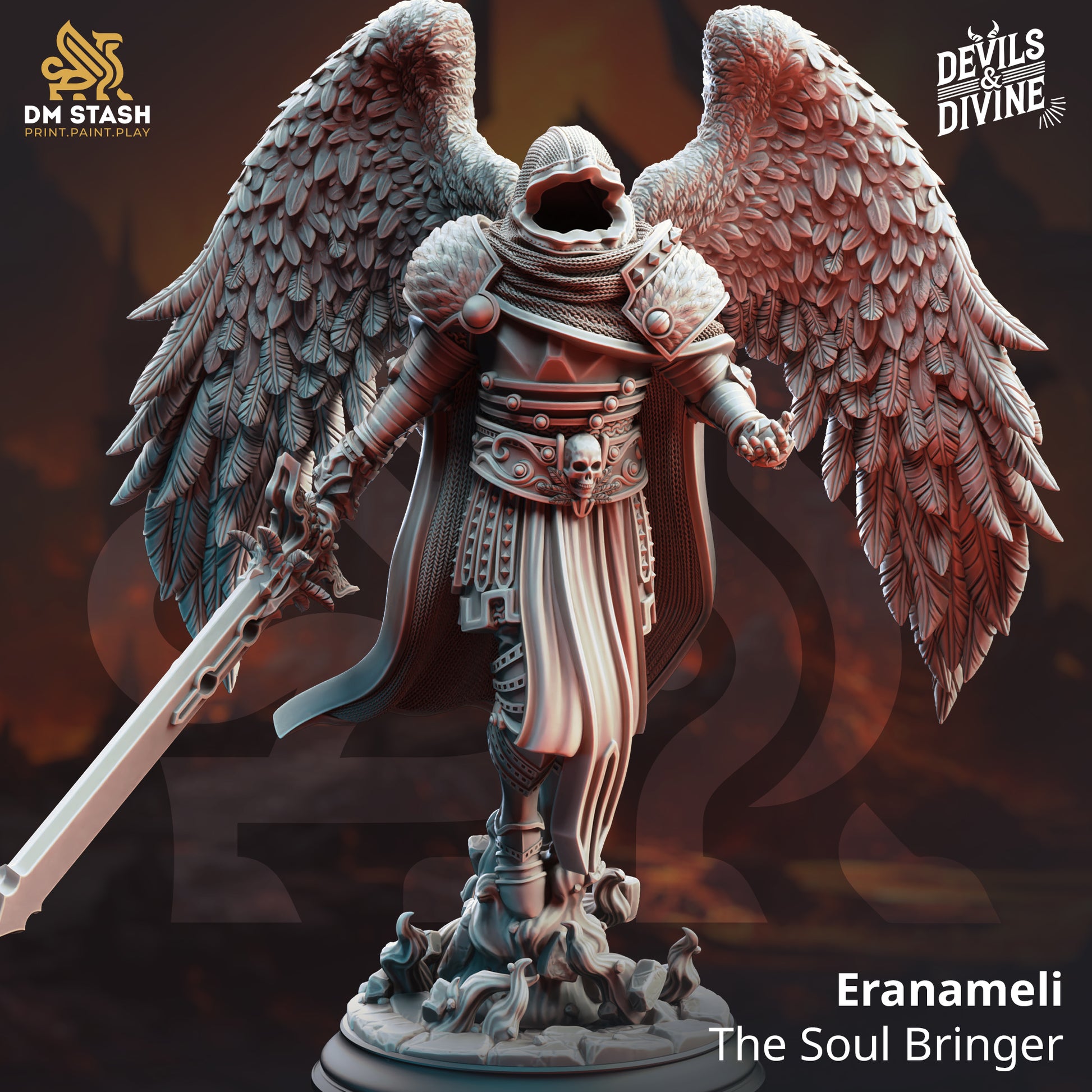 Image shows a 3D render of a hodded faceless angel warrior gaming miniature