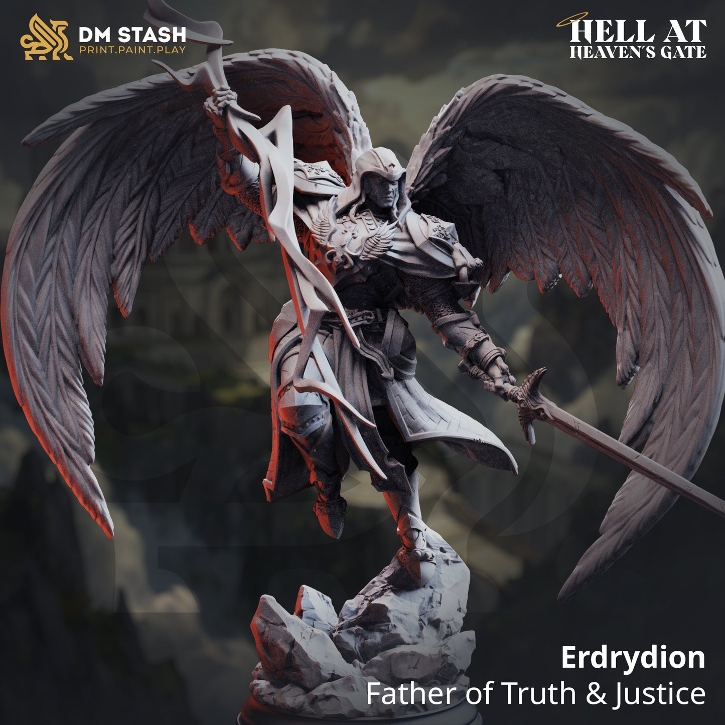 Image shows a 3D render of a angel warrior gaming miniature.