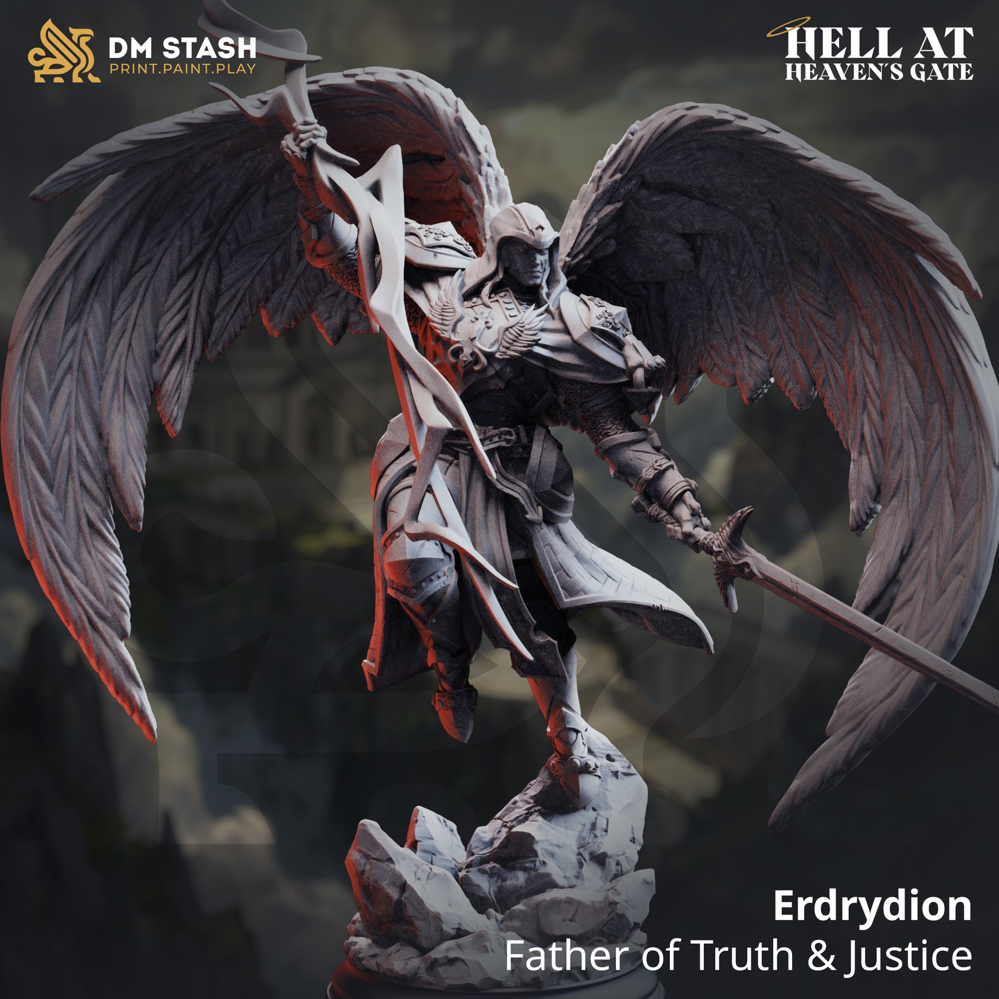Image shows a 3D render of a angel warrior gaming miniature.