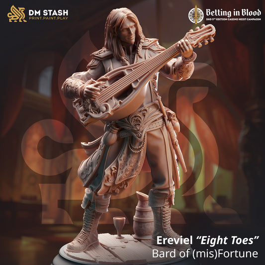 Image shows a 3D render of an elf bard gaming miniature