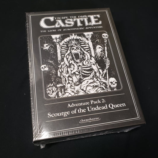 Image shows the front cover of the box for the Scourge of the Undead Queen expansion for the board game Escape the Dark Castle