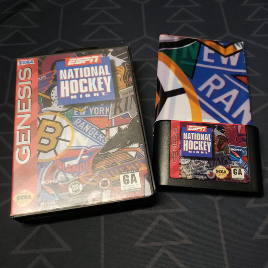 Image shows the case, poster and cartridge for the video game ESPN National Hockey Night for Sega Genesis