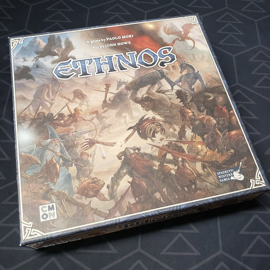 Image shows the front cover of the box of the Ethnos board game