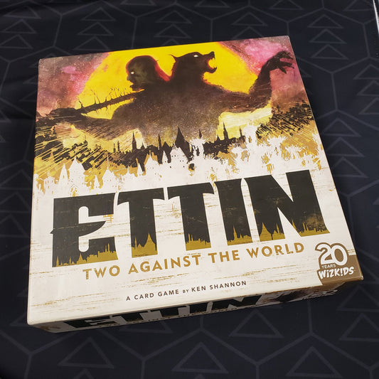 Image shows the front cover of the box of the Ettin card game