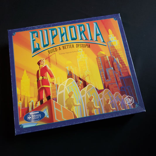Image shows the front cover of the box of the Euphoria board game