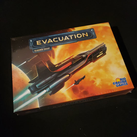 Image shows the front cover of the box of the Evacuation board game