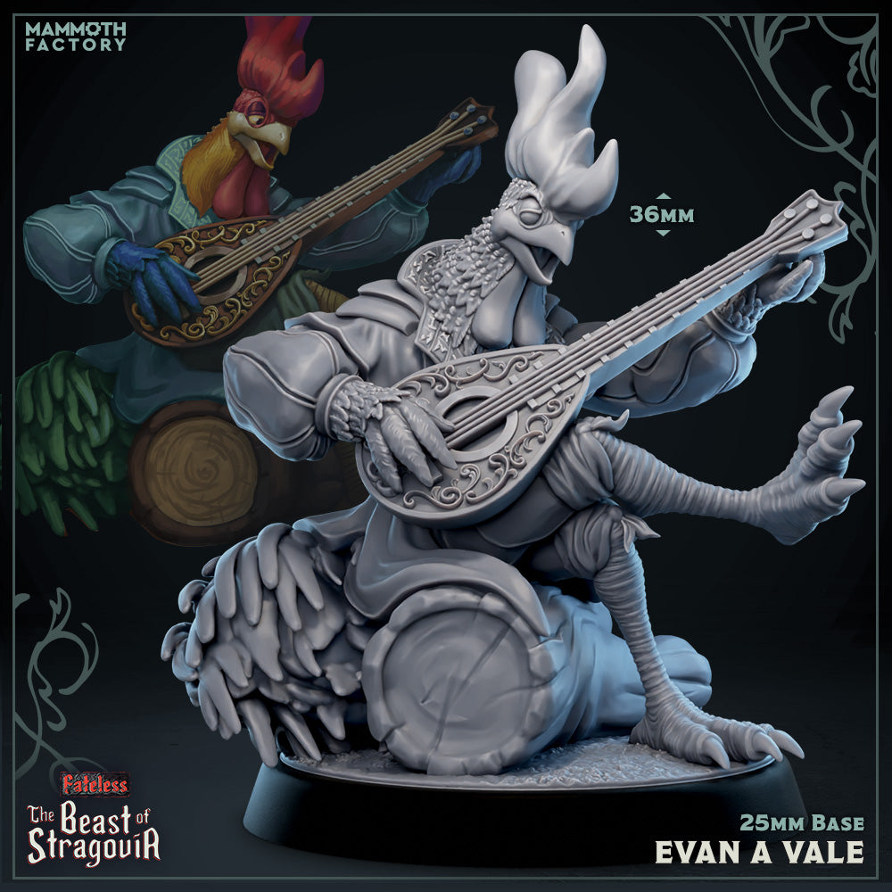 Image shows a 3D render of a rooster bard gaming miniature.