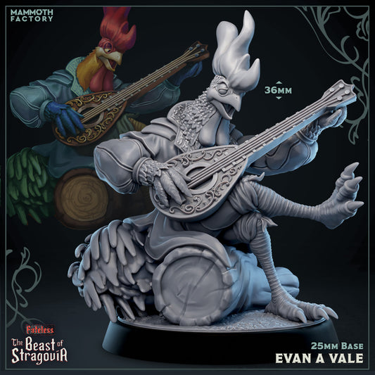 Image shows a 3D render of a rooster bard gaming miniature.