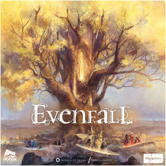 Image shows the front cover of the box of the Evenfall board game