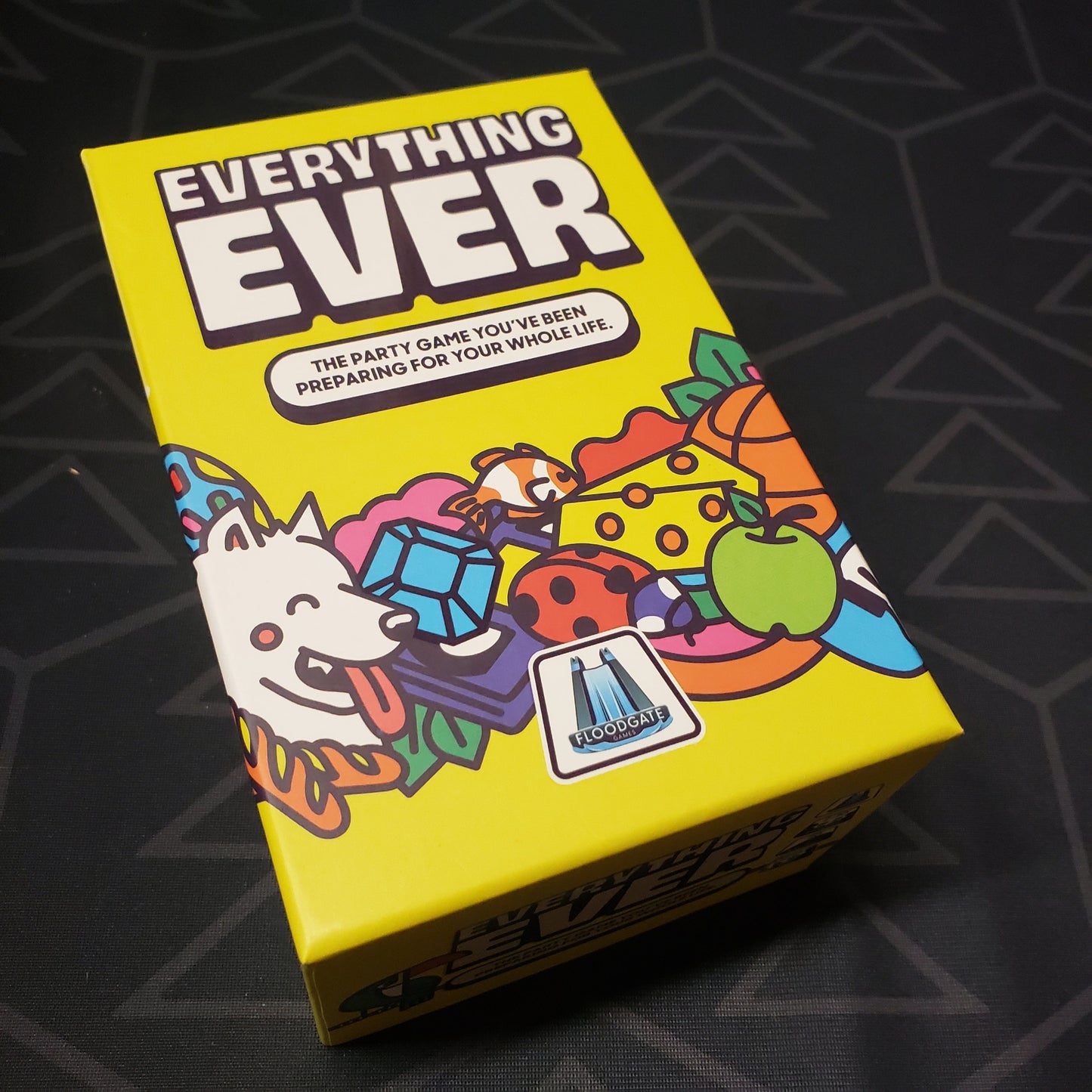 Image shows the front cover of the box for the Everything Ever card game