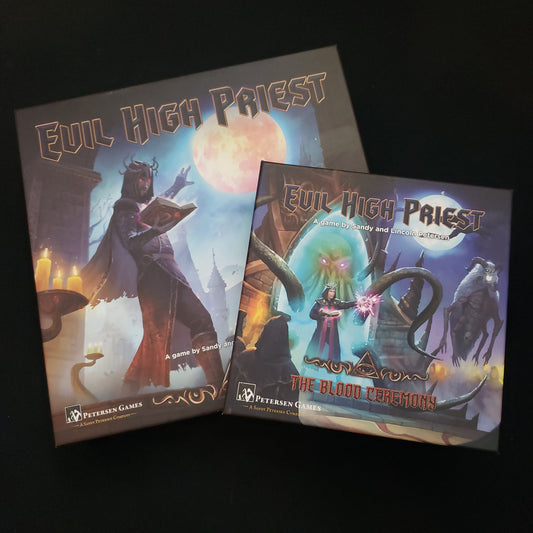 Image shows the front cover of the boxes of the Evil High Priest board game and its Blood Ceremony expansion