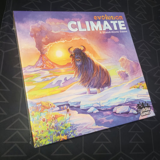 Image shows the front cover of the box for the Evolution: Climate card game