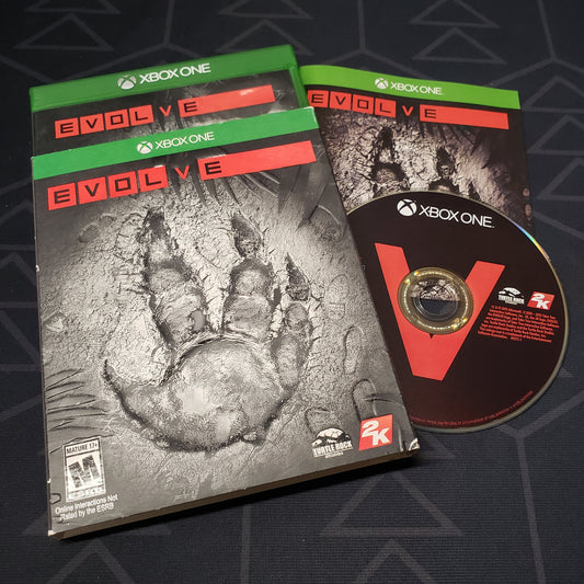 Image shows the case, outer sleeve, manual and disc for the video game Evolve for Xbox One
