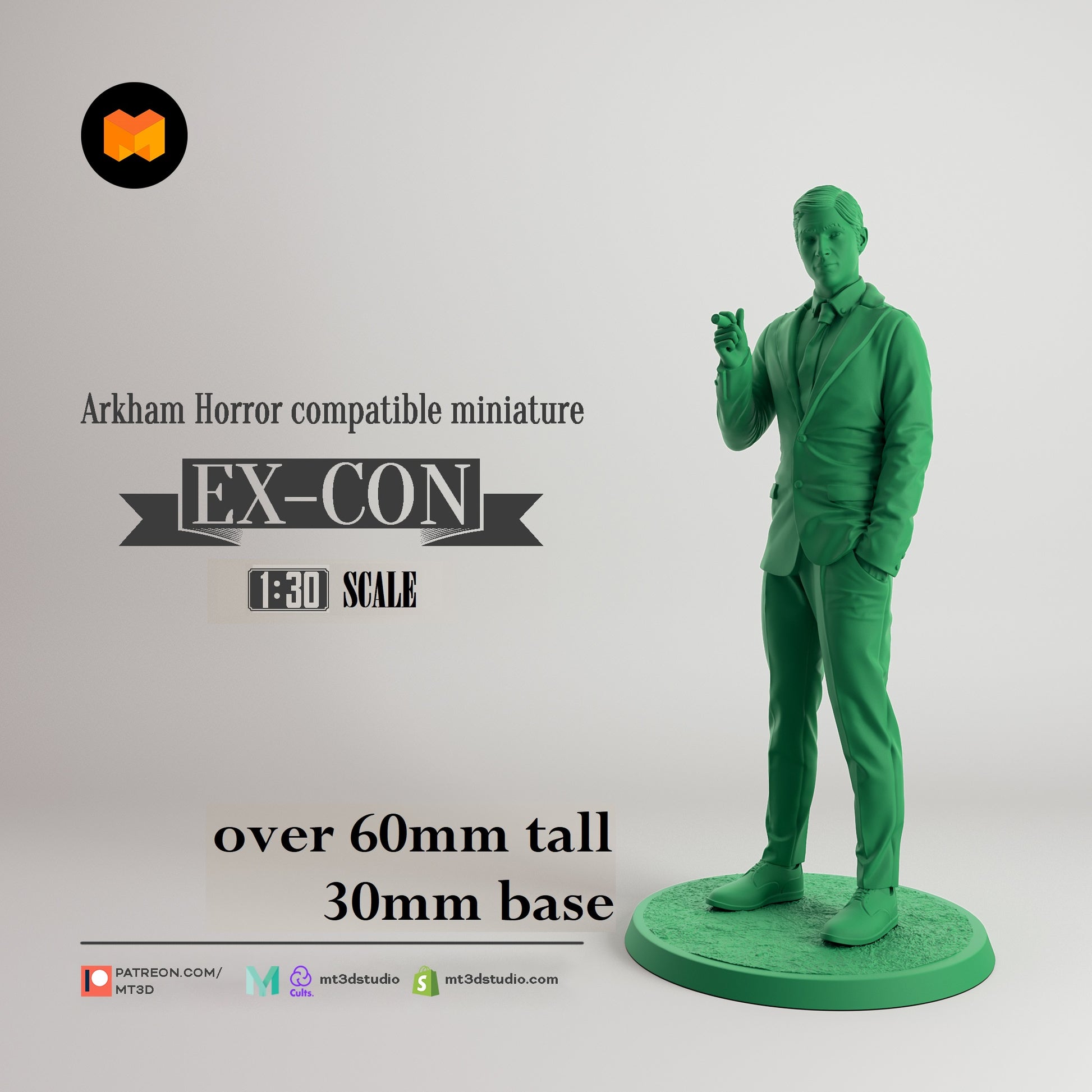 Image shows a 3D render of a 1920s-era con man gaming miniature.