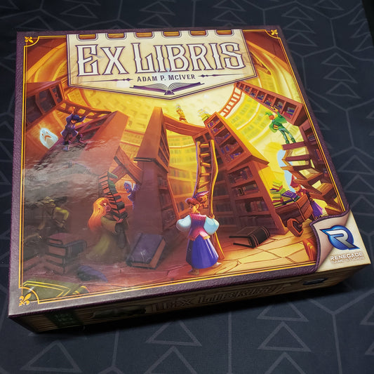 Image shows the front cover of the box for the Ex Libris (First Edition) board game
