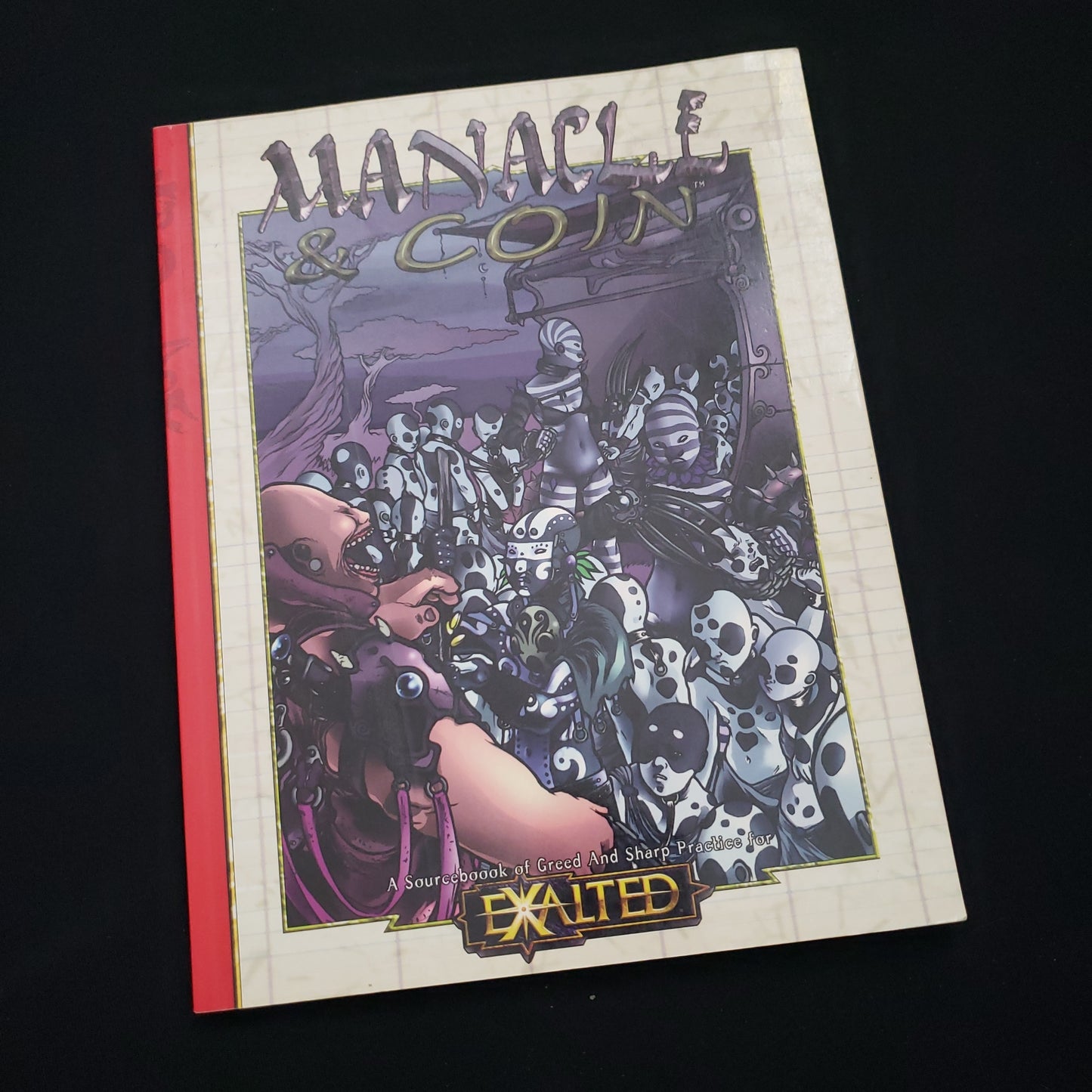 Image shows the front cover of the Manacle & Coin book for the Exalted 1E roleplaying game