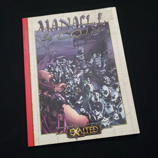 Image shows the front cover of the Manacle & Coin book for the Exalted 1E roleplaying game