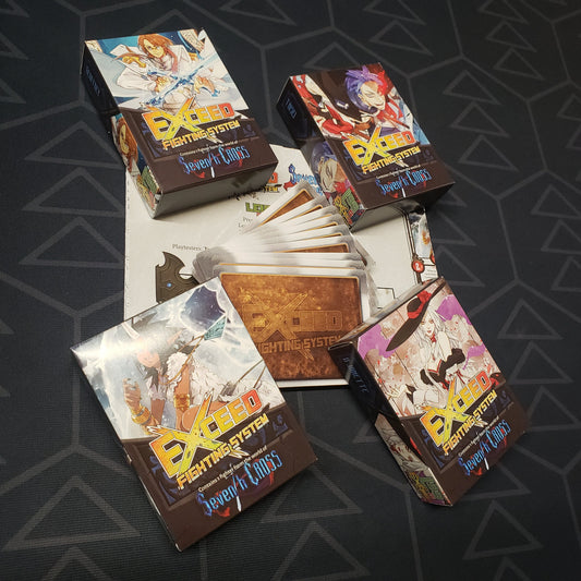 Image shows the deck boxes and instructions for the Exceed: Seventh Cross - Church vs. Empire Box card game