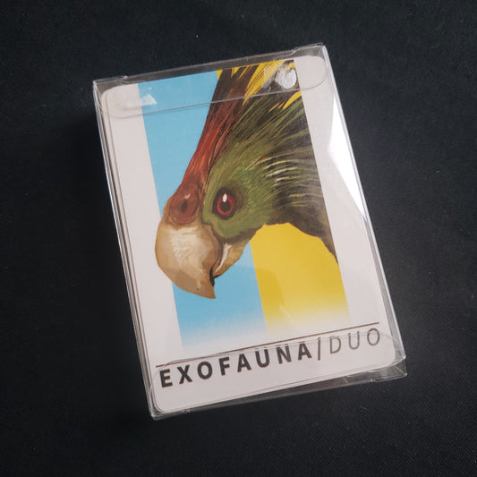 Image shows the front cover of the box of the Exofauna/Duo card game