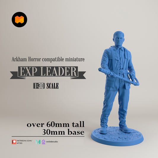 Image shows a 3D render of a pulp adventure expedition leader gaming miniature.