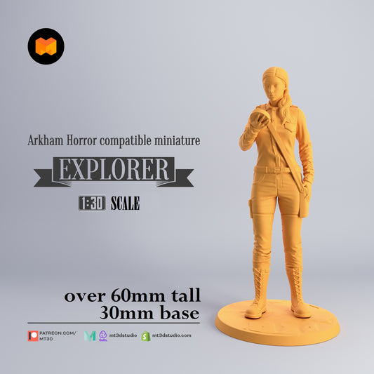 Image shows a 3D render of a pulp adventure explorer gaming miniature.