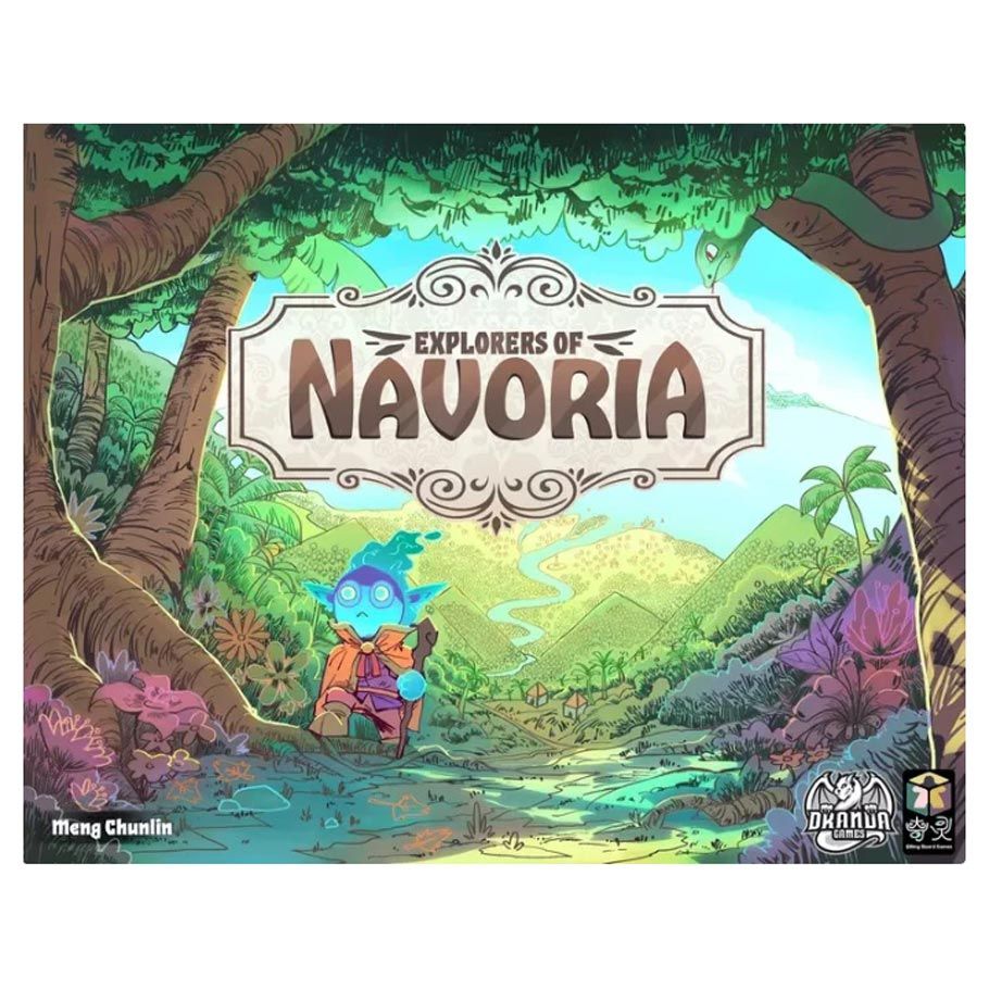 Image shows the front cover of the box of the Explorers of Navoria board game