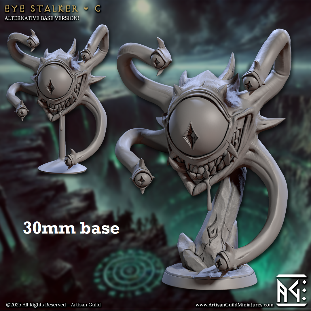 Image shows a 3D render of a beholder gaming miniature