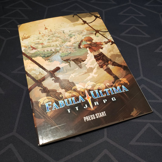 Image shows the front cover of the Press Start book for the roleplaying game Fabula Ultima