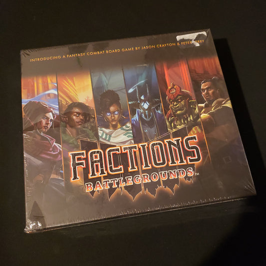 Image shows the front cover of the box of the Factions: Battlegrounds board game