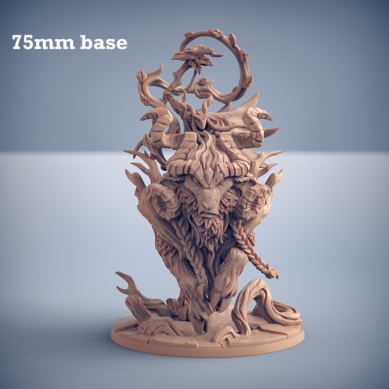 Image shows a 3D render of a horned forest spirit beast gaming miniature, with a faun druid riding on its back