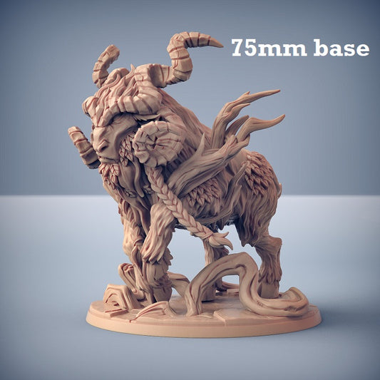 Image shows a 3D render of a horned forest spirit beast gaming miniature.
