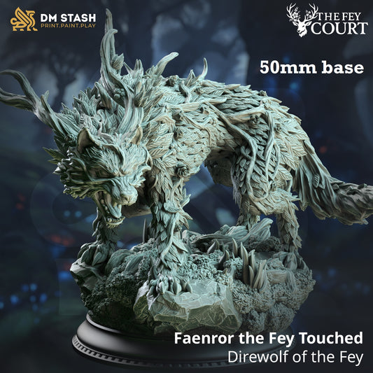 Image shows a 3D render of a fey direwolf gaming miniature.