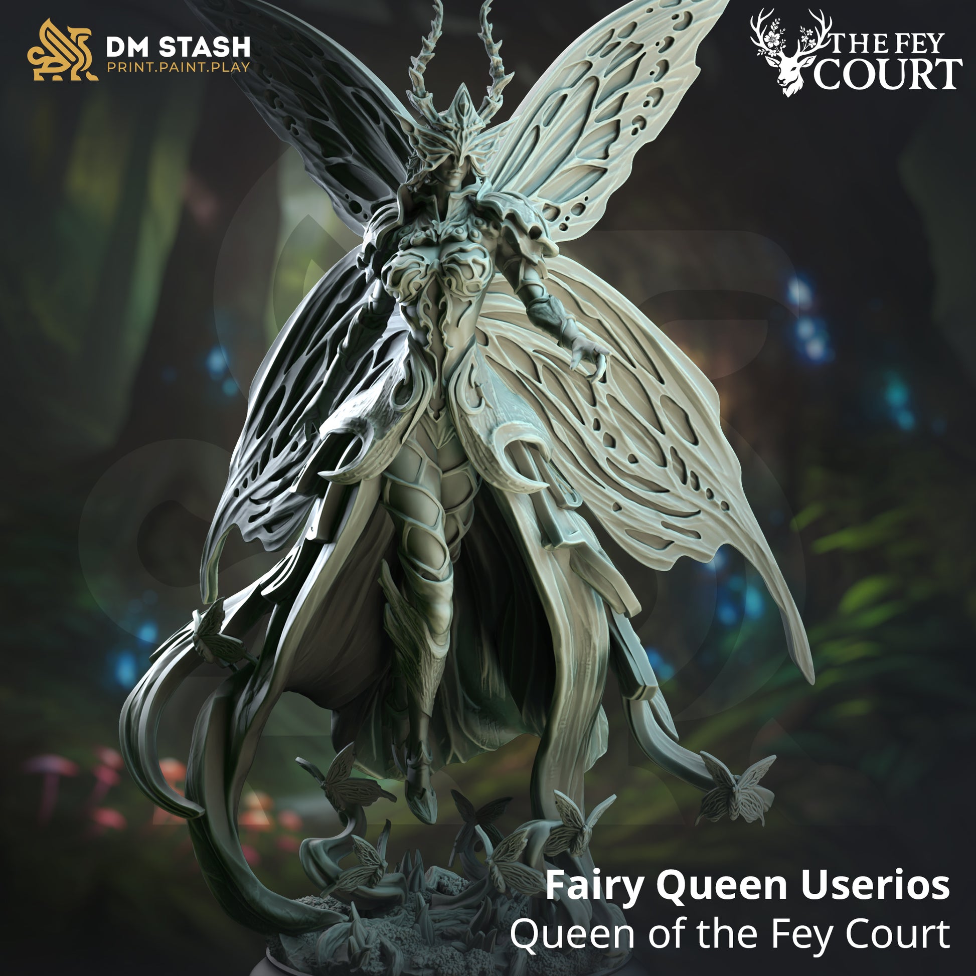 Image shows a 3D render of a fairy queen gaming miniature.