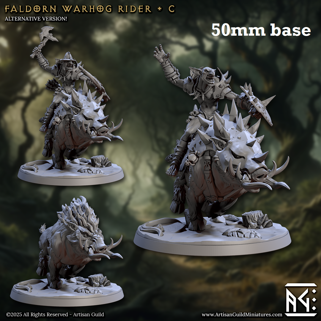 Image shows 3D renders for multiple different sculpt options for a gaming miniature featuring a hobgoblin soldier riding a warhog