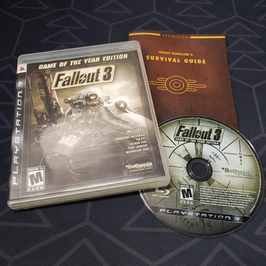 Image shows the case, manual and disc for the video game Fallout 3: Game of the Year Edition for Playstation 3