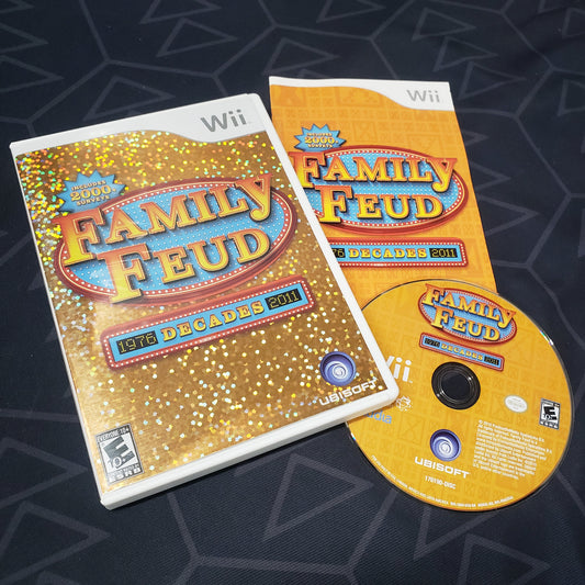 Image shows the case, manual and disc for the video game Family Feud: Decades for Nintendo Wii