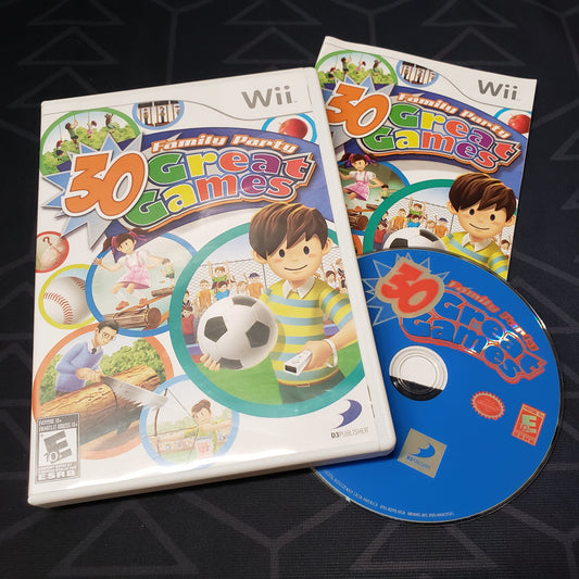 Image shows the case, manual and disc for the video game Family Party: 30 Great Games for Nintendo Wii