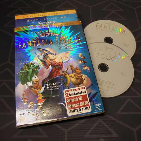 Image shows the case, sleeve & two discs for the 2-Disc Special Edition set of the movies Fantasia & Fantasia 2000 on DVD