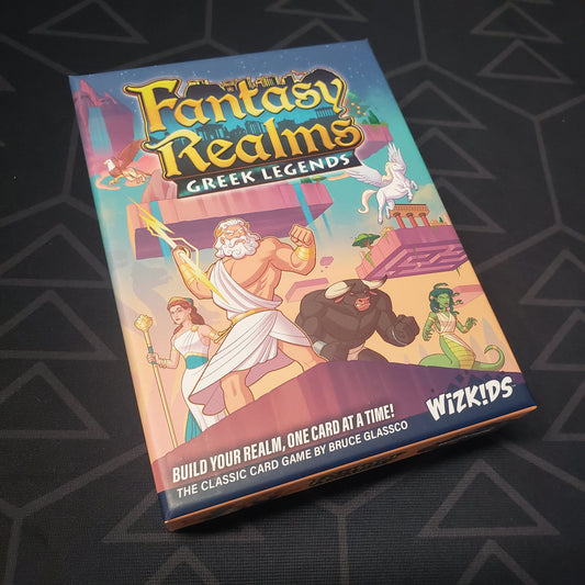 Image shows the front cover of the box for the Fantasy Realms: Greek Legends card game