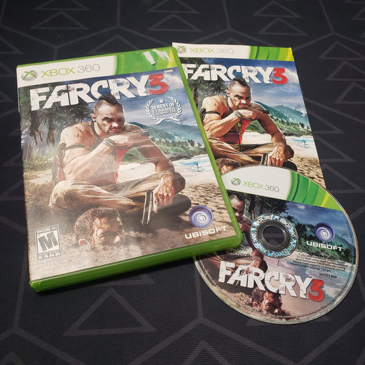 Image shows the case, manual and disc for the video game Far Cry 3 for Xbox 360