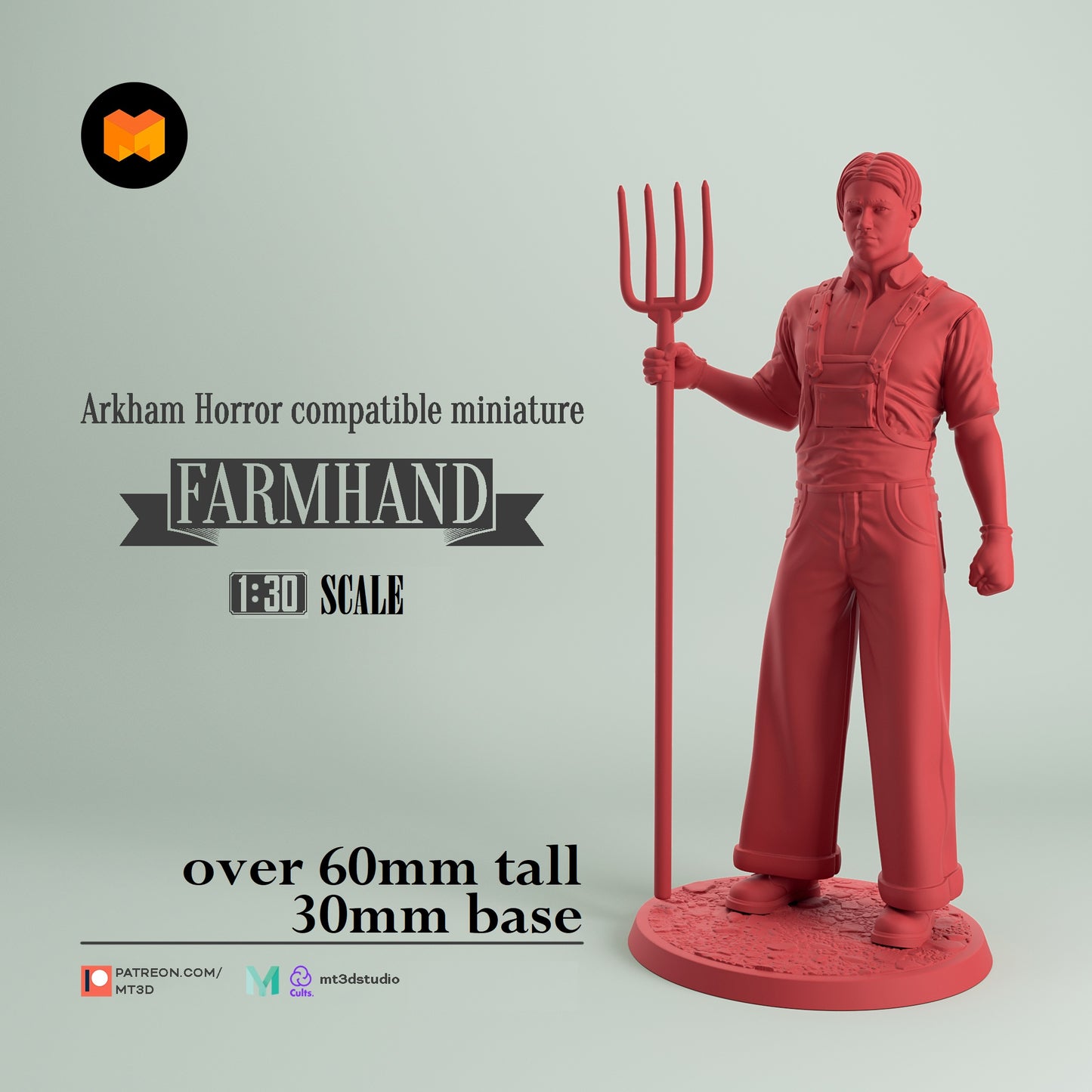 Image shows a 3D render of a farmhand gaming miniature holding a pitchfork