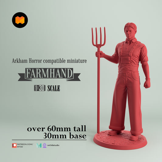 Image shows a 3D render of a farmhand gaming miniature holding a pitchfork