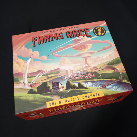Image shows the front cover of the box of the Farms Race board game